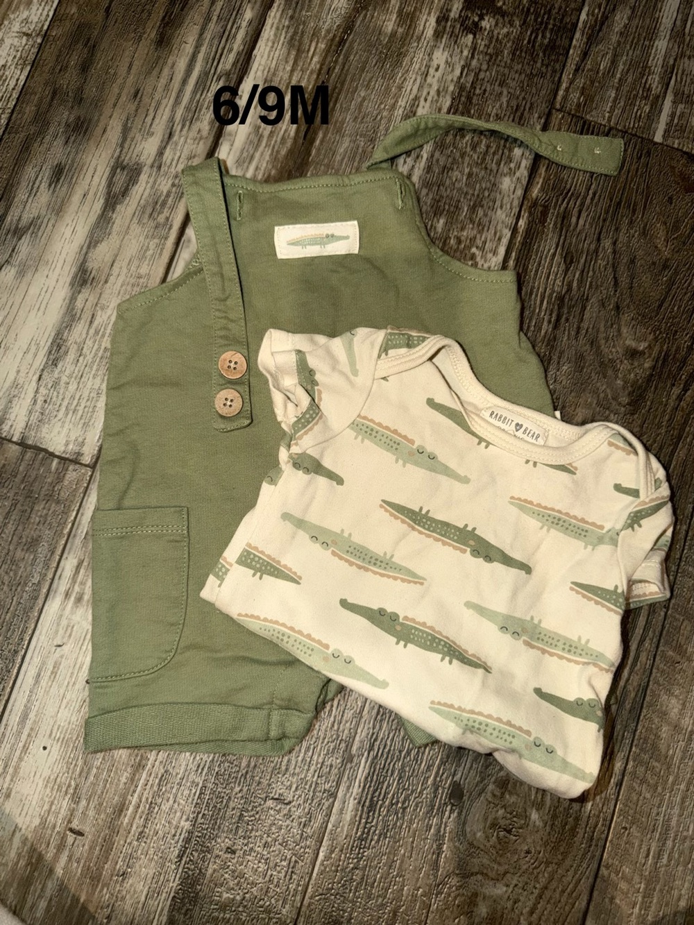 Rabbit Skins Olive Green Overalls with Cream Crocodile Print Bodysuit